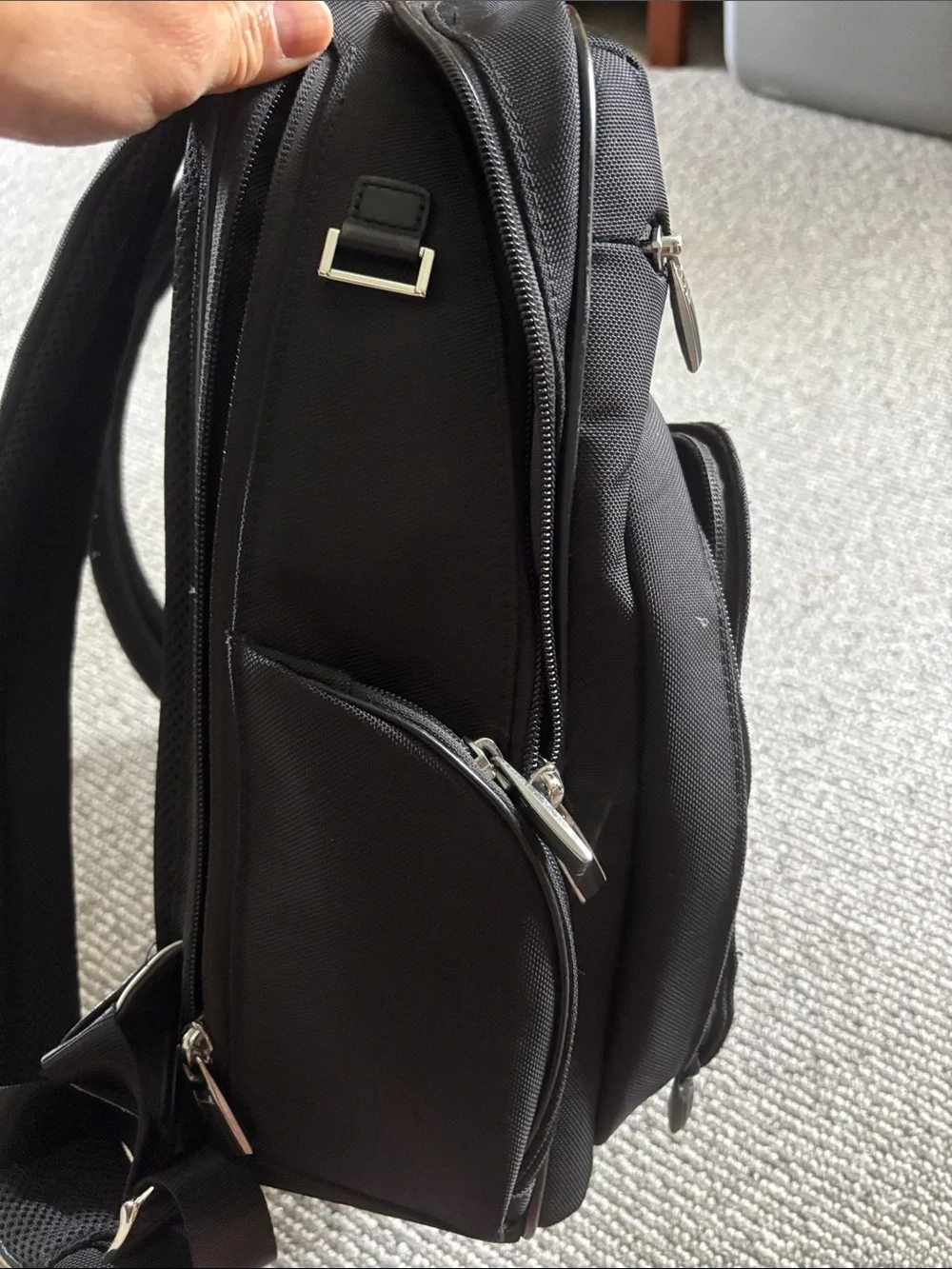 Tumi Black Ballistic Nylon Expandable Backpack with Leather Trim
